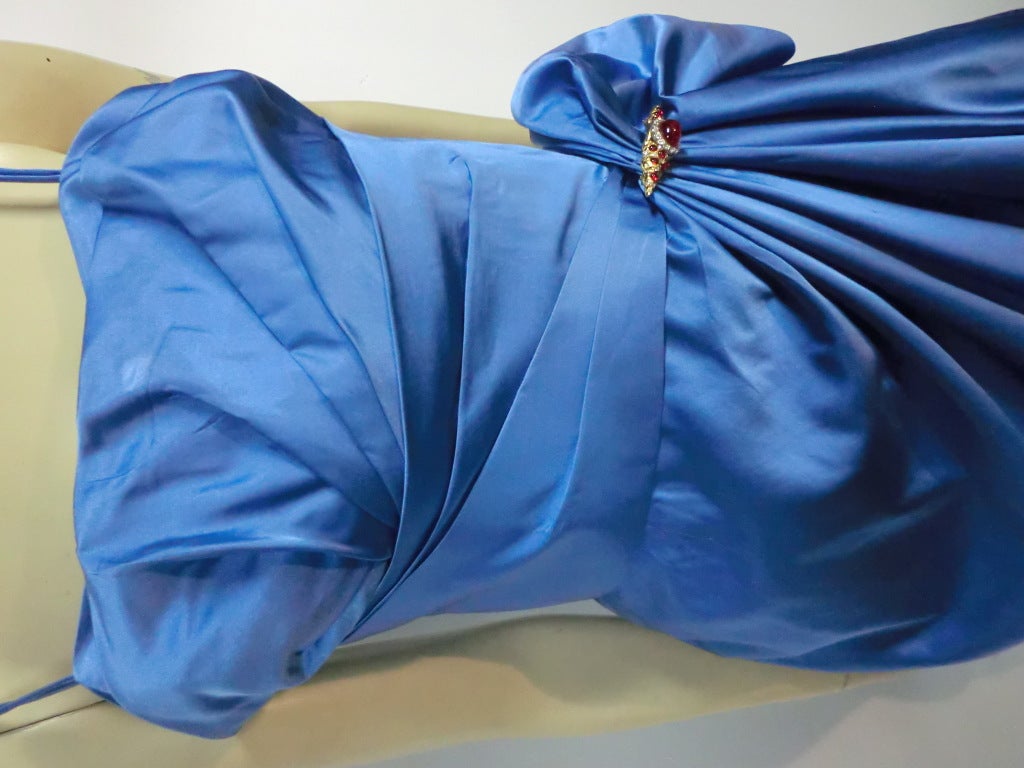 Ceil Chapman 50s Silk Satin Azure Cocktail Gown w/ Bubble Hem 3
