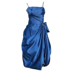 Ceil Chapman 50s Silk Satin Azure Cocktail Gown w/ Bubble Hem