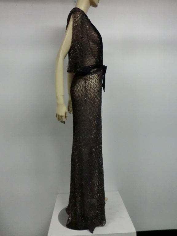 Women's 30s Aubergine and Silver Metallic Mesh Lace Gown w/ Velvet