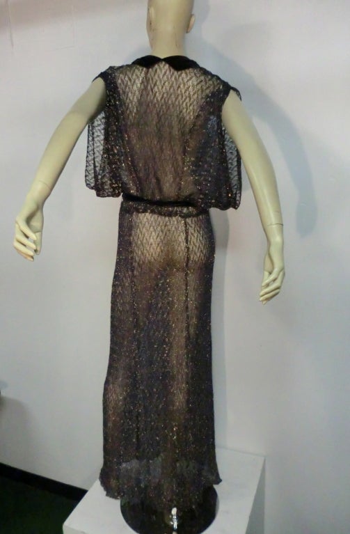 30s Aubergine and Silver Metallic Mesh Lace Gown w/ Velvet 1