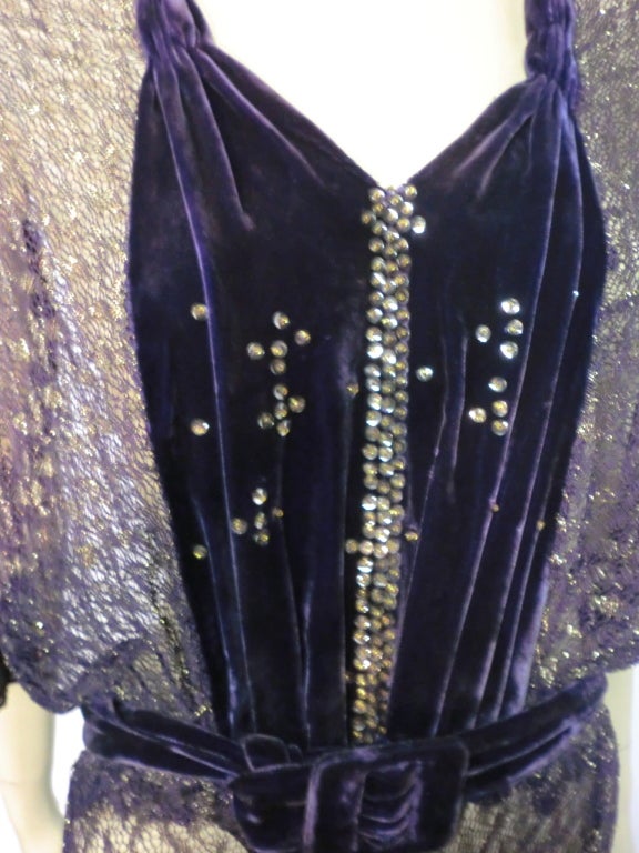 30s Aubergine and Silver Metallic Mesh Lace Gown w/ Velvet 3