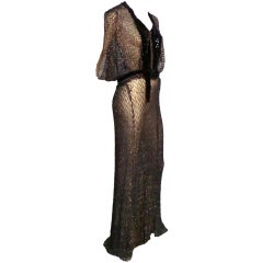 30s Aubergine and Silver Metallic Mesh Lace Gown w/ Velvet