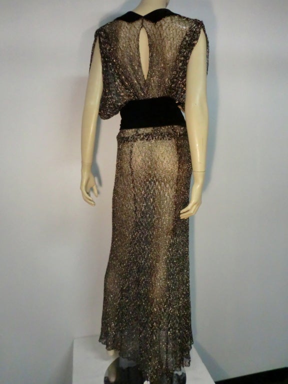 Black 30s Metallic Mesh Lace Evening Gown with Velvet Trim