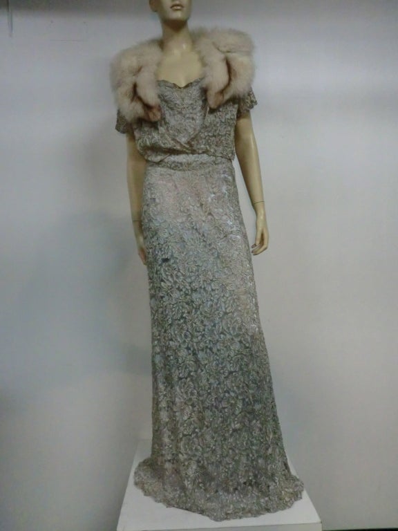 1930s 2-Piece Baby Blue Metallic Lace Gown w/ Fox Trimmed Jacket 3