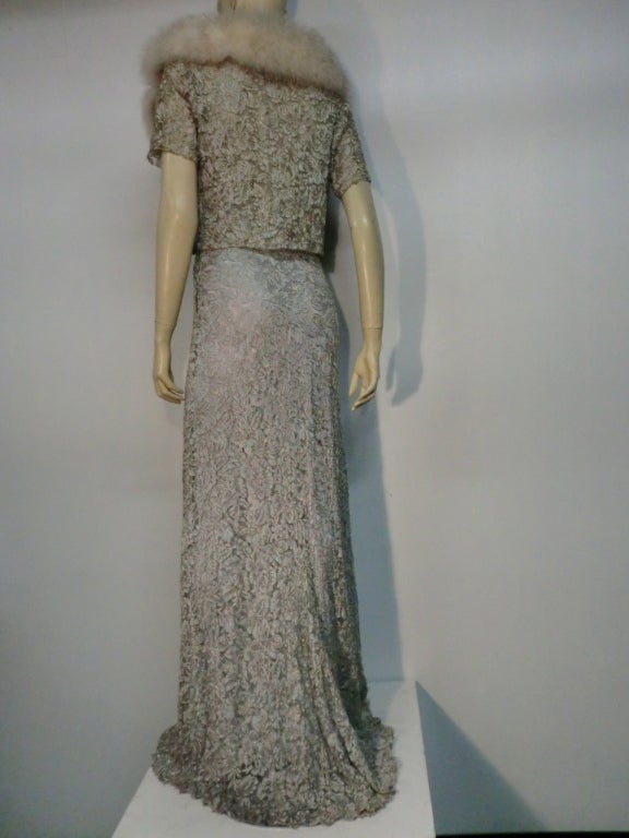 1930s 2-Piece Baby Blue Metallic Lace Gown w/ Fox Trimmed Jacket 4