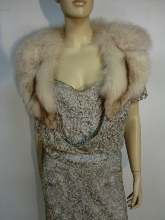 1930s 2-Piece Baby Blue Metallic Lace Gown w/ Fox Trimmed Jacket 5