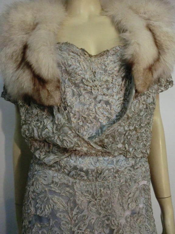 1930s 2-Piece Baby Blue Metallic Lace Gown w/ Fox Trimmed Jacket 6
