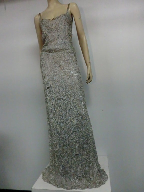 1930s 2-Piece Baby Blue Metallic Lace Gown w/ Fox Trimmed Jacket