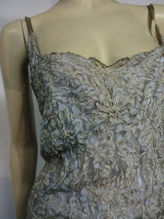 1930s 2-Piece Baby Blue Metallic Lace Gown w/ Fox Trimmed Jacket 1
