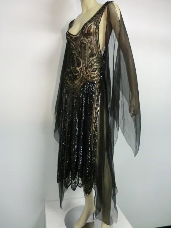 Divine French 1920s Silk Chiffon Beaded/Sequined Evening Dress at 1stDibs