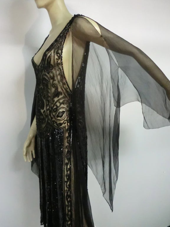 Divine French 1920s Silk Chiffon Beaded/Sequined Evening Dress 3