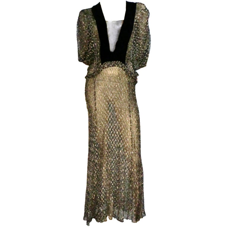 30s Metallic Mesh Lace Evening Gown with Velvet Trim