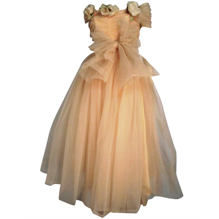 1950s Mary Carter Peach Tulle Debutante Party Dress