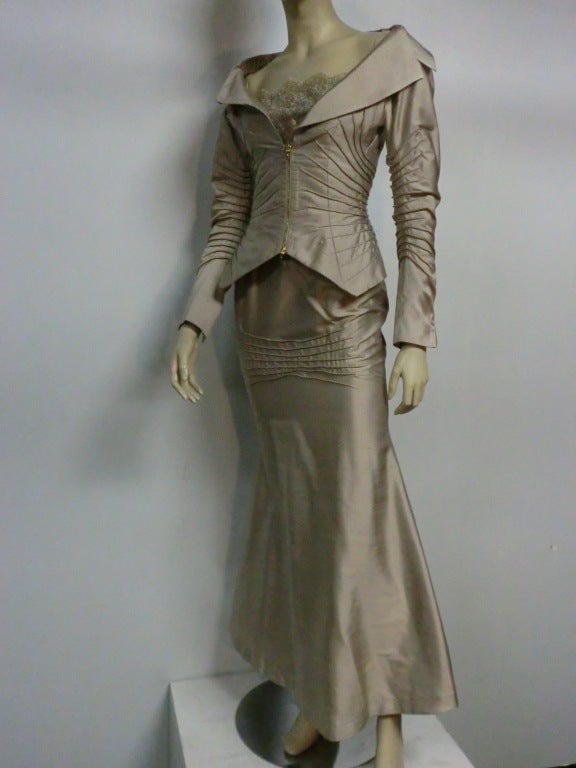 A gorgeous and sleek Gianfranco Ferre 3-piece taupe silk satin suit with pintuck contouring at hip and bodice, wide picture collar, zipper front, long fishtail skirt and added custom made lace blouse. Size 4