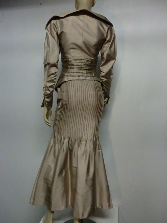 Women's Gianfranco Ferre Taupe Satin 3-Piece Fishtail Corset Skirt Suit