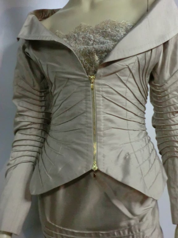 Gianfranco Ferre Taupe Satin 3-Piece Fishtail Corset Skirt Suit 2