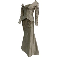 Gianfranco Ferre Taupe Satin 3-Piece Fishtail Corset Skirt Suit