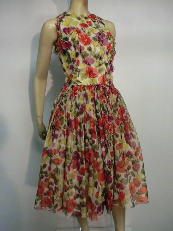 50s Paul Whitney Silk Floral Party Dress w/ Applique Work