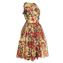 50s Paul Whitney Silk Floral Party Dress w/ Applique Work