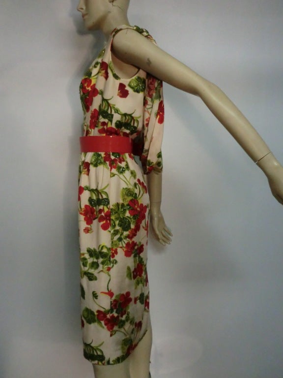 50s Floral Washed Silk Wiggle Dress w/ Back Cowl 1