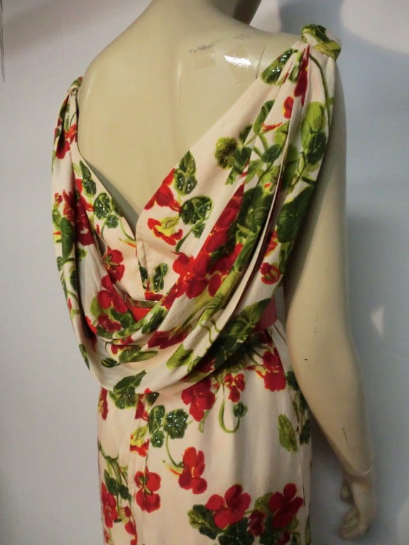 50s Floral Washed Silk Wiggle Dress w/ Back Cowl 2