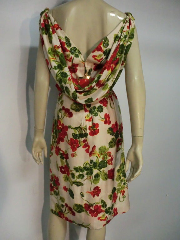 50s Floral Washed Silk Wiggle Dress w/ Back Cowl 3