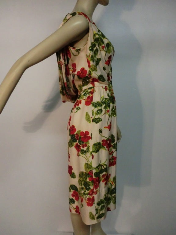 50s Floral Washed Silk Wiggle Dress w/ Back Cowl 5