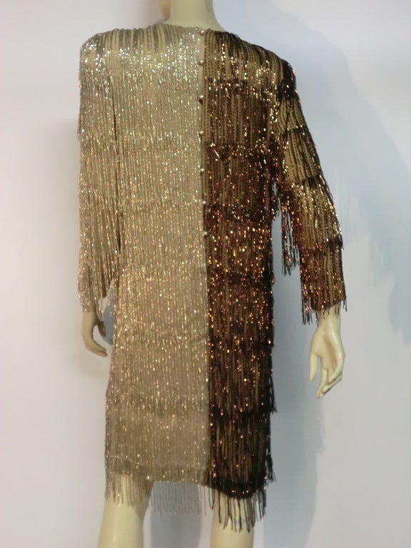 Brown Bill Blass 70s Two-Tone Bead Fringe Tunic Dress