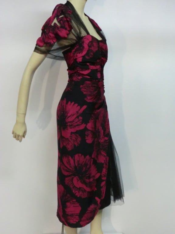 Black 40s Hibiscus Print Cocktail Dress w/ Tulle Swag and Capelet