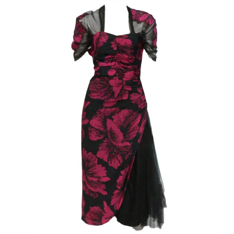 40s Hibiscus Print Cocktail Dress w/ Tulle Swag and Capelet