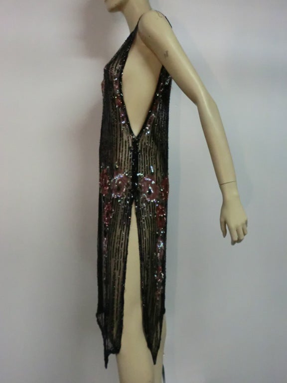 1920s Beaded Tulle Evening Dress with Sequin Floral Garlands 4