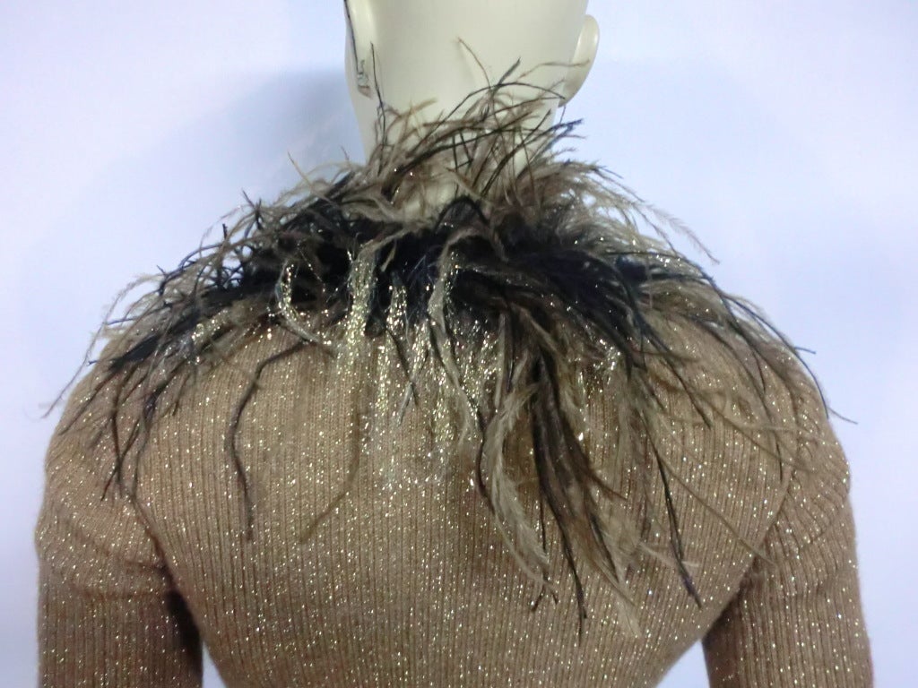 Women's Bill Blass Lurex Knit Cardigan with Extravagant Ostrich Trim