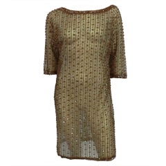 60s Bronze Beaded Tulle Shift Dress