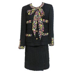 Vintage 80s Lagerfeld for Chanel Black Boucle Suit with Fruit Trim
