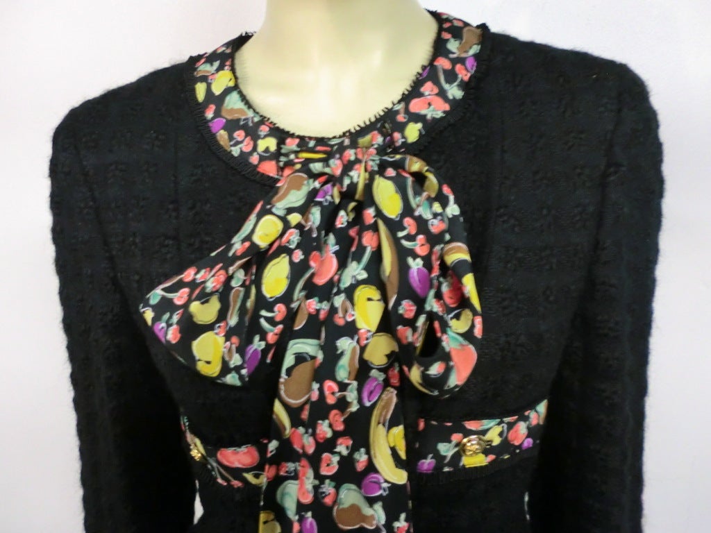 Women's 80s Lagerfeld for Chanel Black Boucle Suit with Fruit Trim