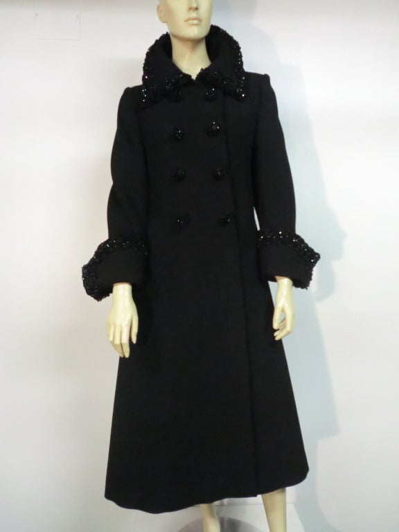 60s Military Inspired Double Breasted Wool Coat w/ Beading Trim