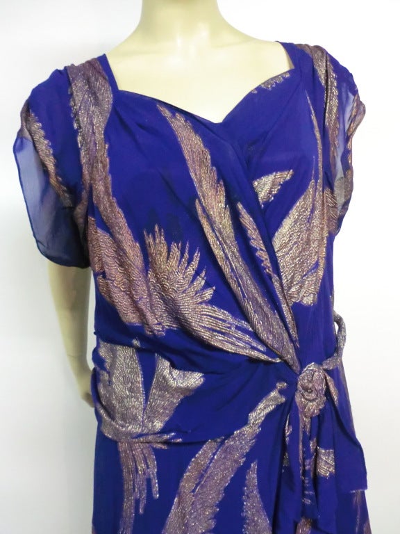 Women's Early 40s Lamé and Crepe Gown with Winged Bird Motif in Purple