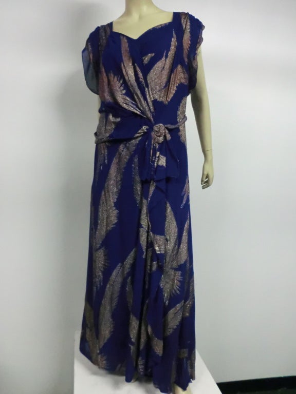 Early 40s Lamé and Crepe Gown with Winged Bird Motif in Purple For Sale ...
