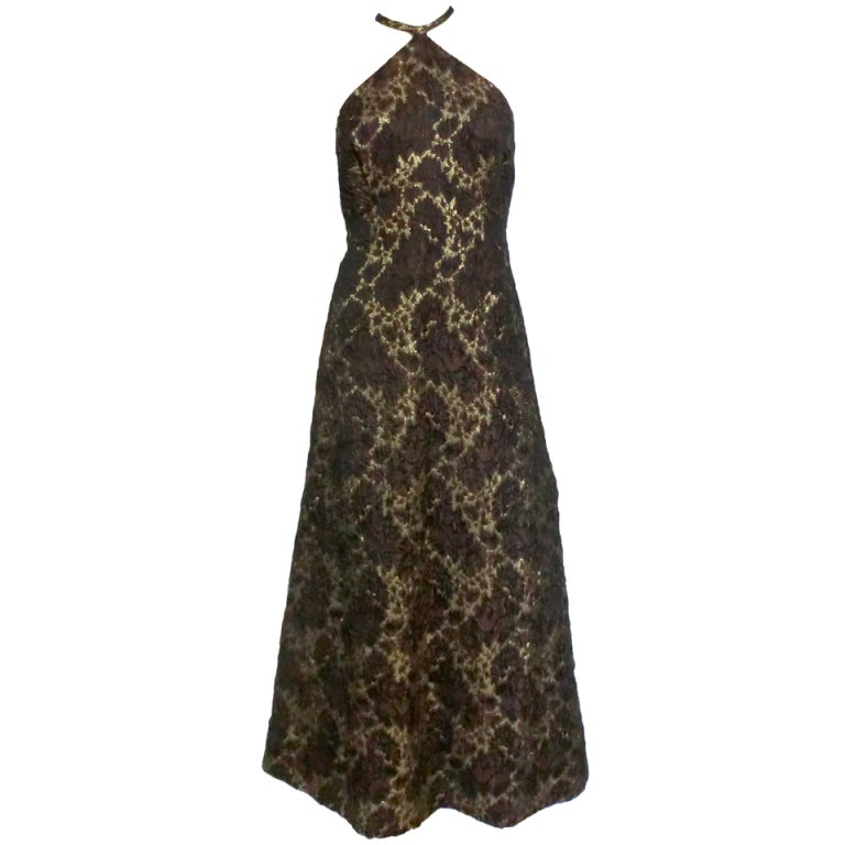 60s Silk Lamé Brocade Halter Maxi Dress
