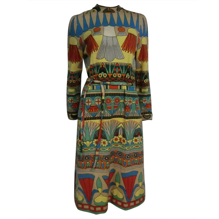 60s Goldworm Egyptian Revival Print Jersey Dress w/ Belt