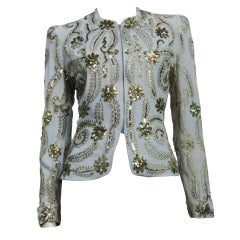 Vintage 40s Steel Blue Crepe Evening Jacket with Floral Sequins