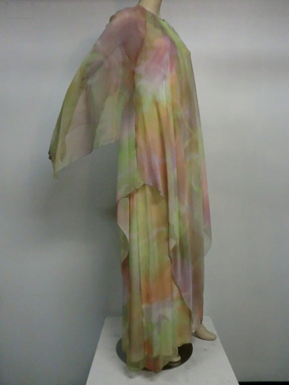 Women's 60s Watercolored Chiffon Gown with Flowing Sleeve