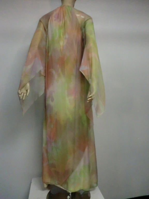 60s Watercolored Chiffon Gown with Flowing Sleeve 1