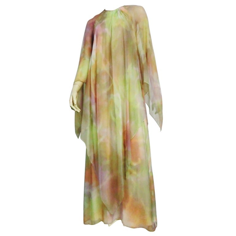 60s Watercolored Chiffon Gown with Flowing Sleeve