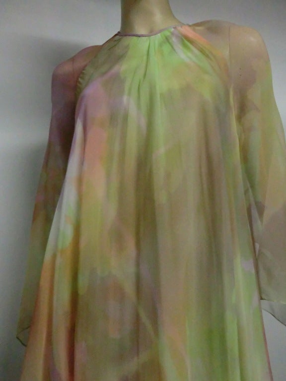 60s Watercolored Chiffon Gown with Flowing Sleeve 2