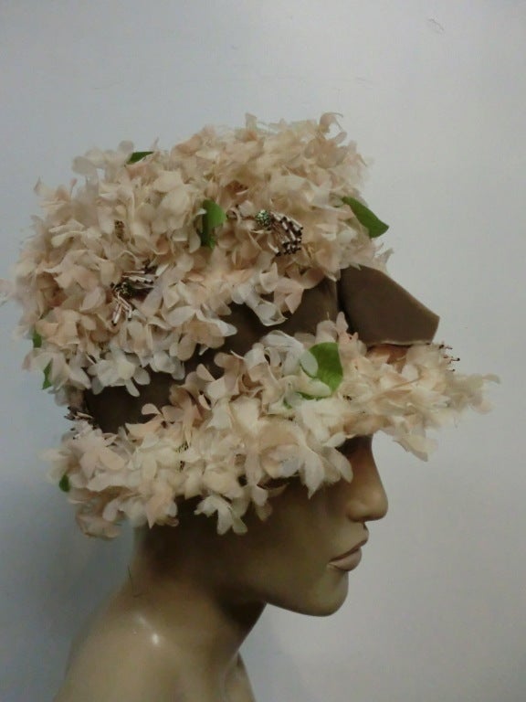 60s Silk Floral Flower Pot Hat w/ Taupe Velvet Ribbon Trim