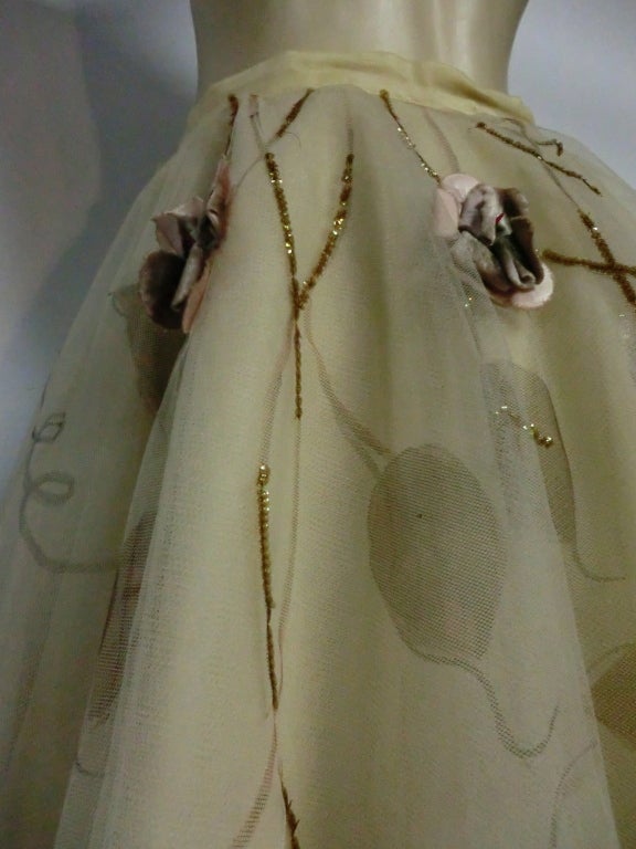 50s Full Tulle Skirt with Silk Flower and Leaf Applique 2