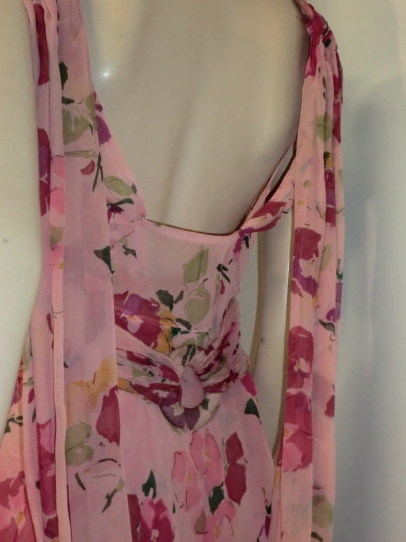 Pink 30s Henri Bendel Couture Silk Chiffon Draped Floral Print Gown