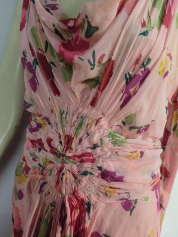 Women's 30s Henri Bendel Couture Silk Chiffon Draped Floral Print Gown
