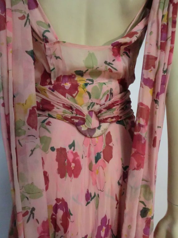 30s Henri Bendel Couture Silk Chiffon Draped Floral Print Gown 2